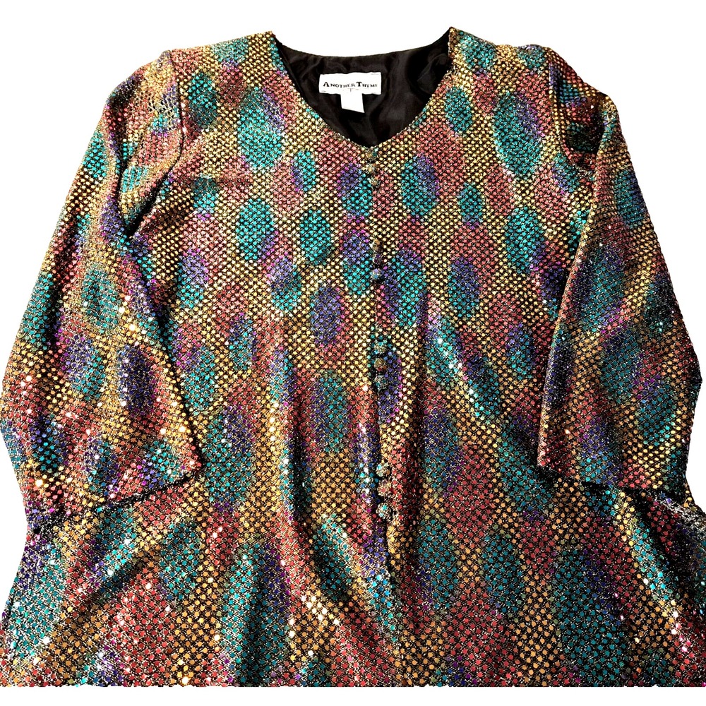 Vtg Another Thyme Sequin Tunic Blouse Multi-color Women's 16 New Years Eve Party - Picture 2 of 8